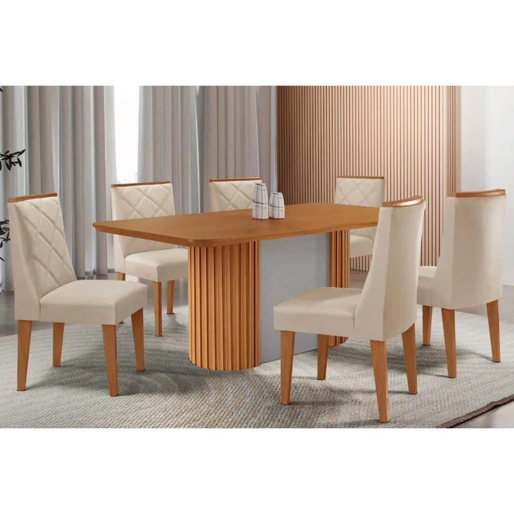 Sala de Jantar Completa Pilar c/ Tampo Madeirado Canto Curvo 180x90cm e 6 Cadeiras Pietá Naturale/Off White - Linho Bege - Rufato