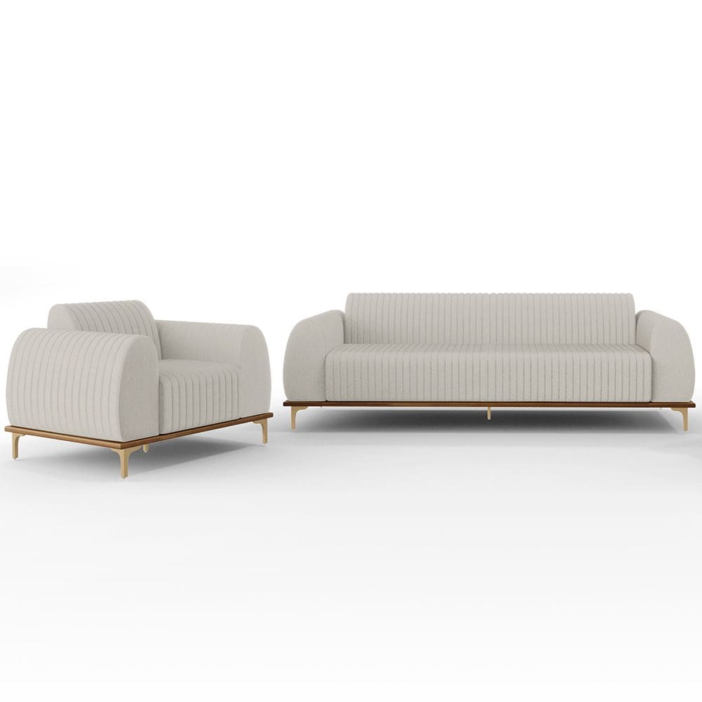 Kit Sofá 3 Lugares Sala Estar 210cm Com Poltrona Molino Pés D`ouro D02 Linho Cru C-443 - Lyam Decor