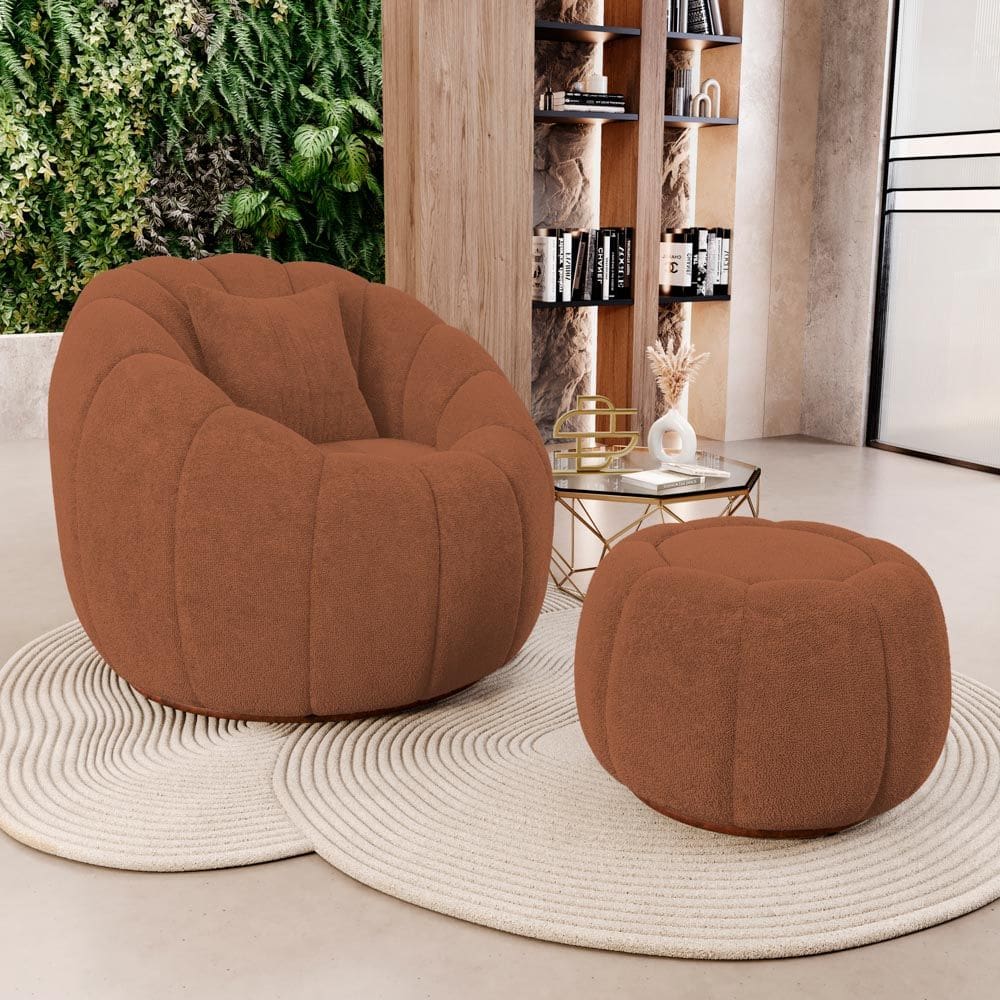 Poltrona Decorativa Concha Fixa com Puff Estilo Abóbora Shell Bouclê Terracota - Desk Design