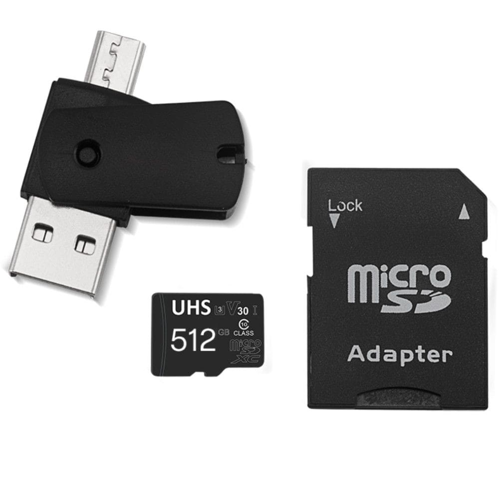 Kit 4 em 1 Cartão de Memória 512GB Ultra High Speed-I U3 + Adptador USB/OTG Tipo C + Adaptador SD - MC155
