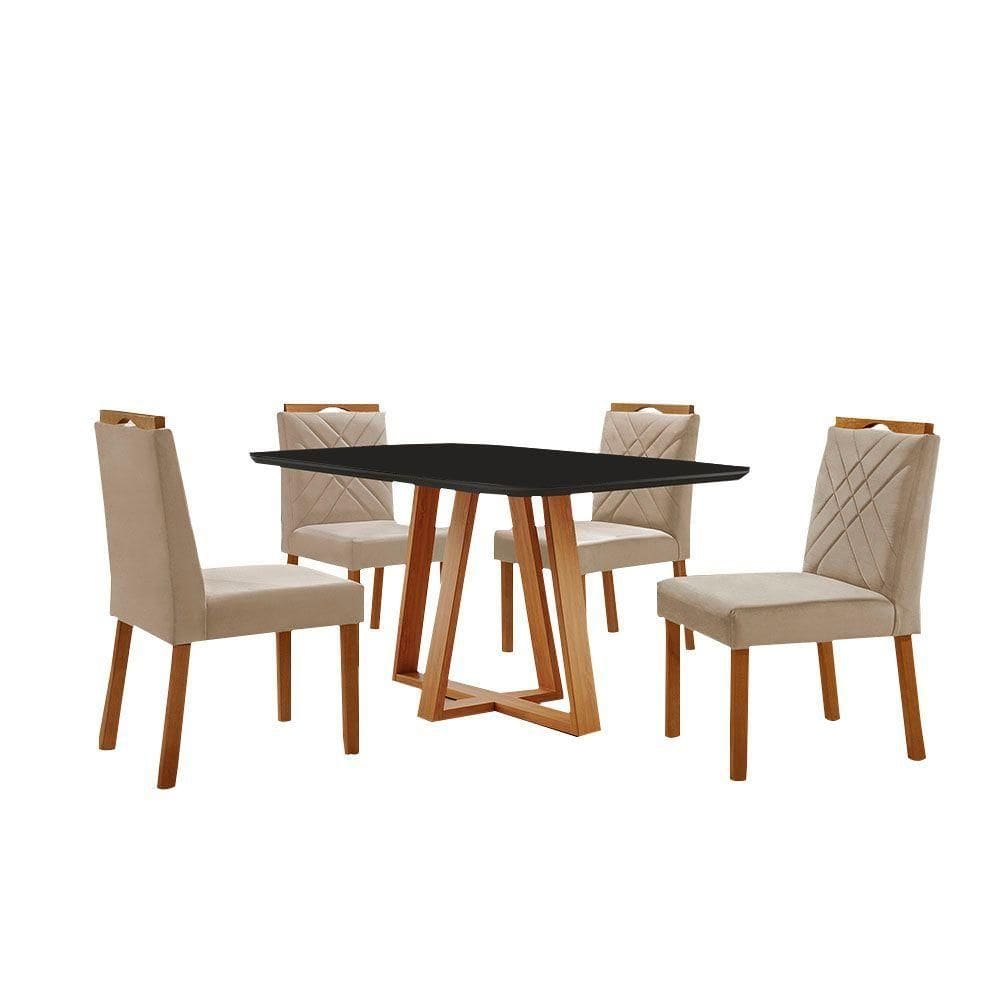Conjunto Sala De Jantar Mesa Florença 140x80cm Preto Com 4 Cadeiras Dallas Veludo Bege