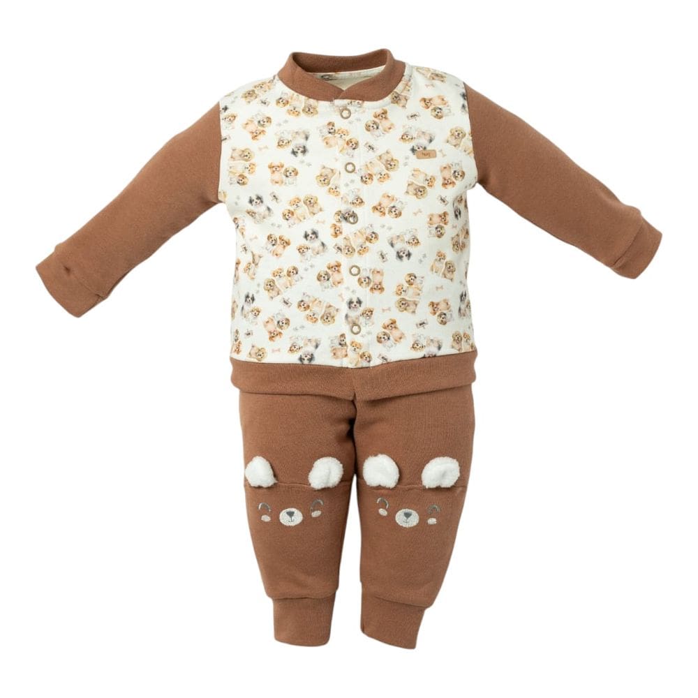 Trijunto Body Bebe Curto,Cardigan e Calça Doguinhos Bege-Hug