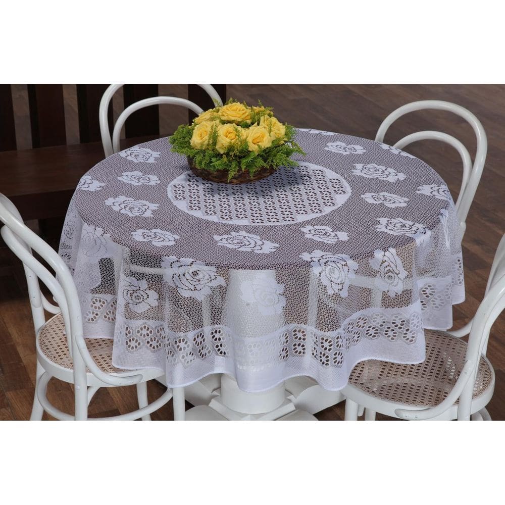 Toalha De Mesa Redonda Branca 4 Pessoas Renda Desenhada