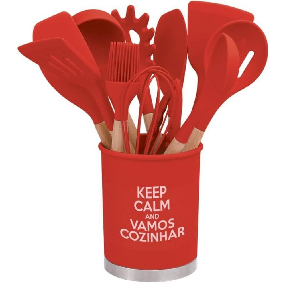 Kit Utensílios De Silicone Cozinha Com Cabo Madeira E Copo