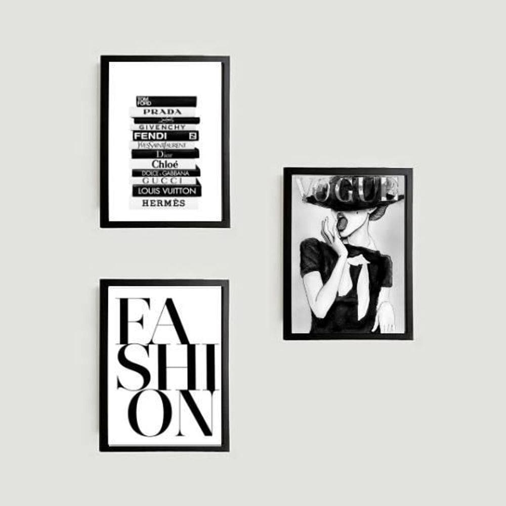 Kit 3 Quadros Fashion Preto E Branco 45X34Cm Com Vidro Preta