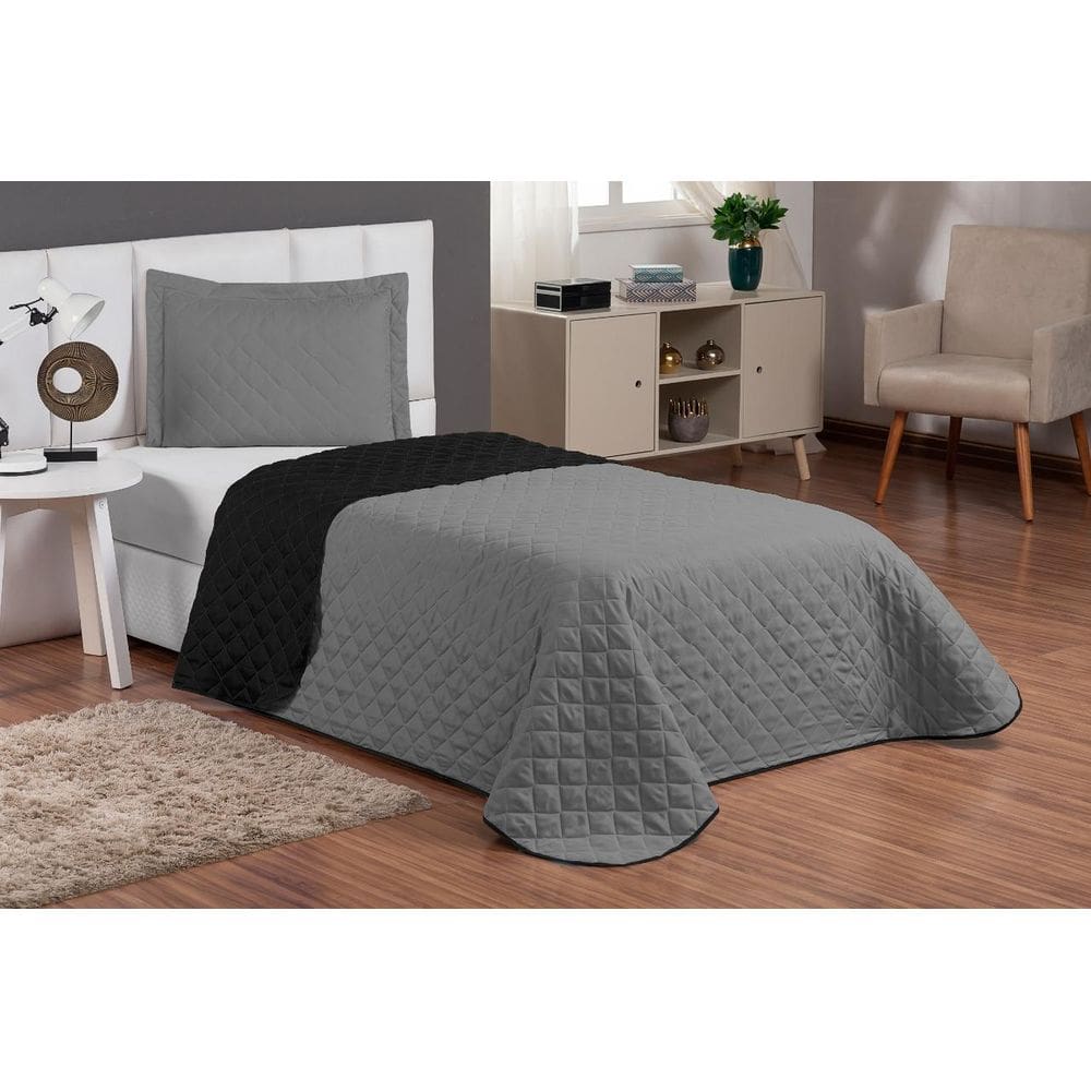 Cobre Leito Solteiro Preto/Cinza Vegas 3 Peças Com Lençol