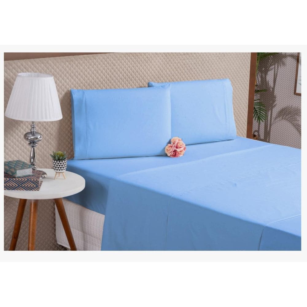 Jogo De Cama 4 Peças Casal Padrão Fronha Percal Azul Macio