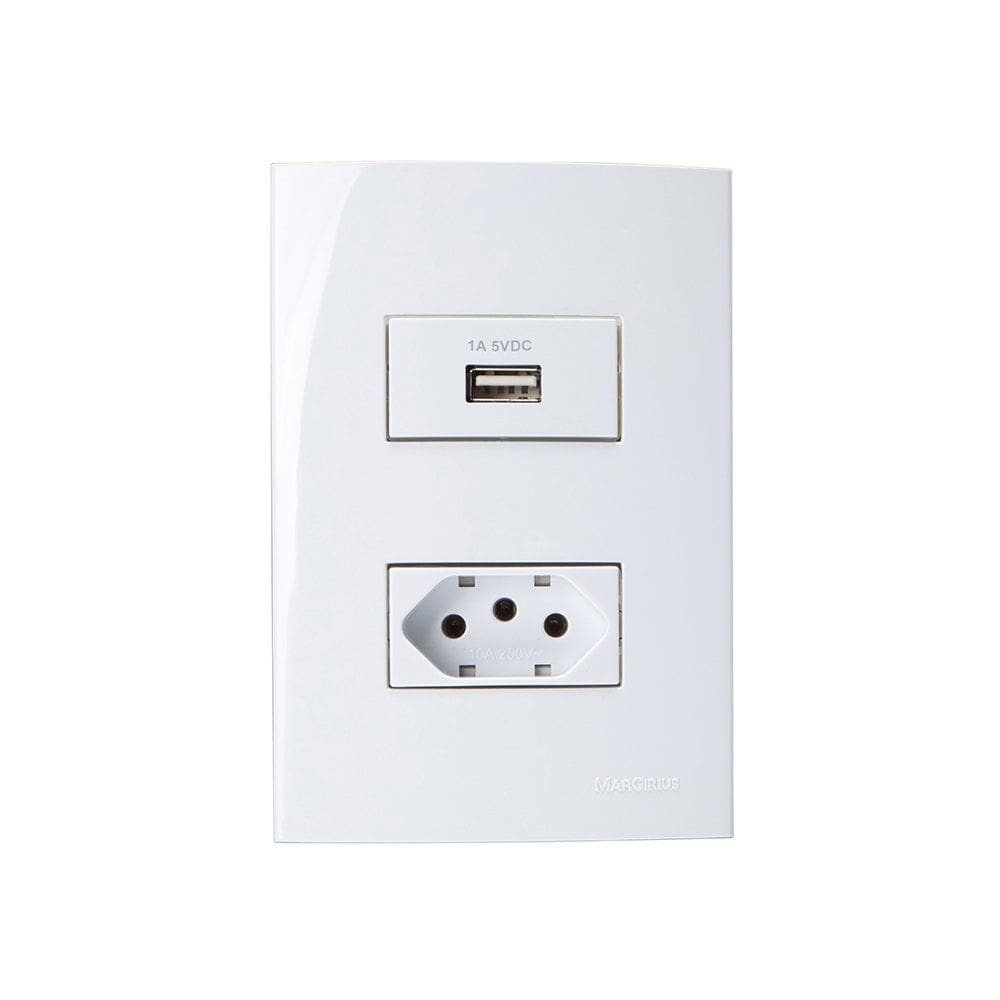 Tomada USB-A 1A 5W e Tomada 2P+T 10A MarGirius Sleek com Placa 4x2 Branca