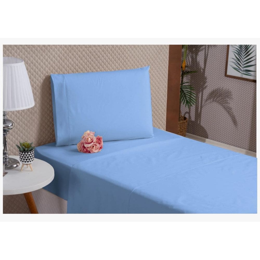 Kit Lençóis E Fronha Algodão Solteiro 3 Peças Azul Percal