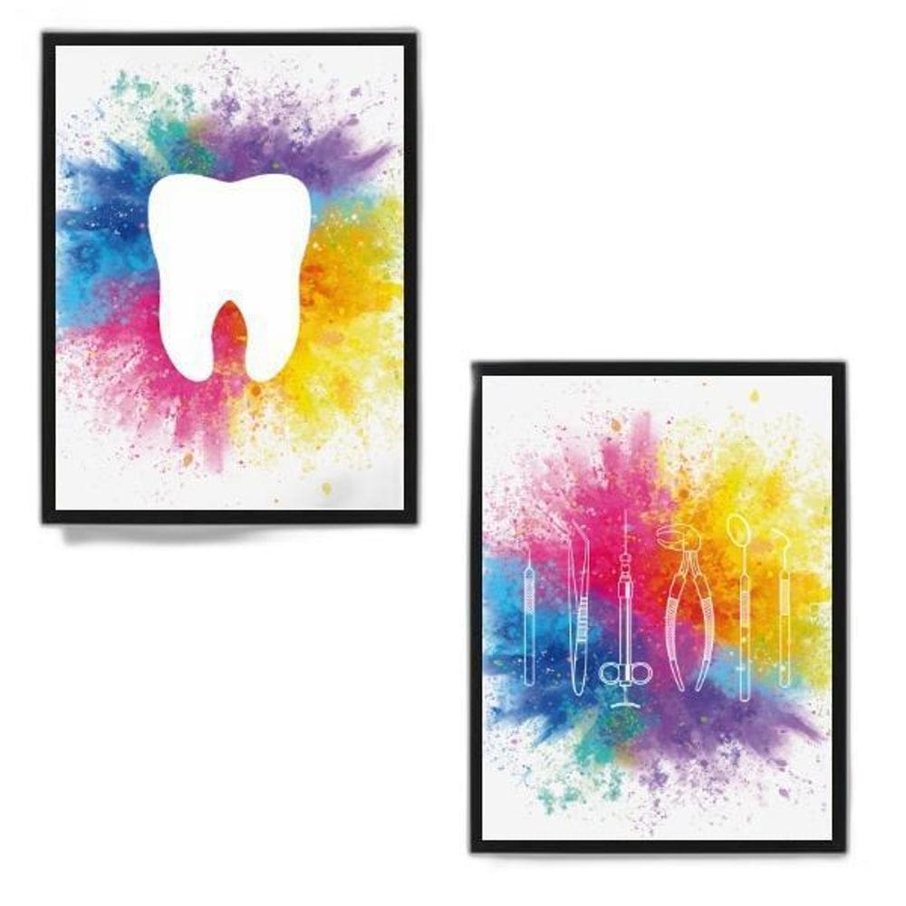 Kit 2 Quadros Para Dentista Aquarela 24X18Cm Preta