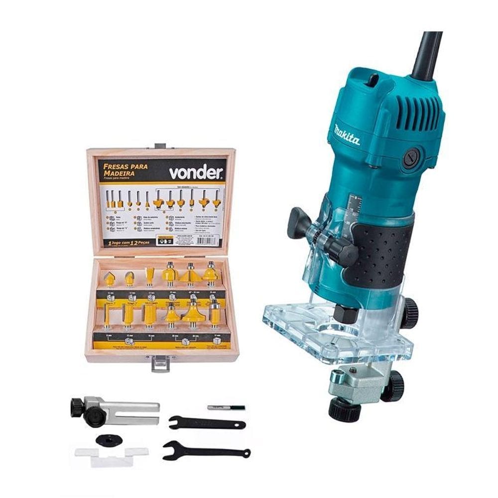 Tupia Makita 3709 350W 220V + Jogo Fresas Madeira 6Mm 12