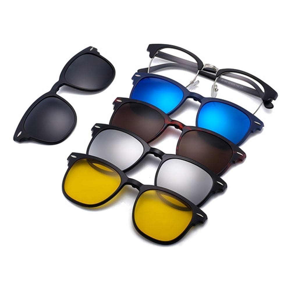 Armação De Óculos + 5 Lentes Clip On De Sol E Noturna Cor Preto Cor Da Armação Preto