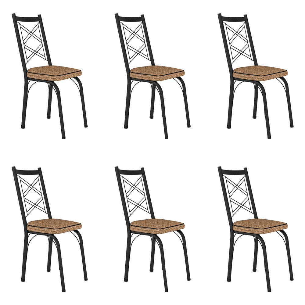 Kit 6 Cadeiras de Cozinha Delaware Estampado Rattan Bege Pés de Ferro Preto - Pallazio