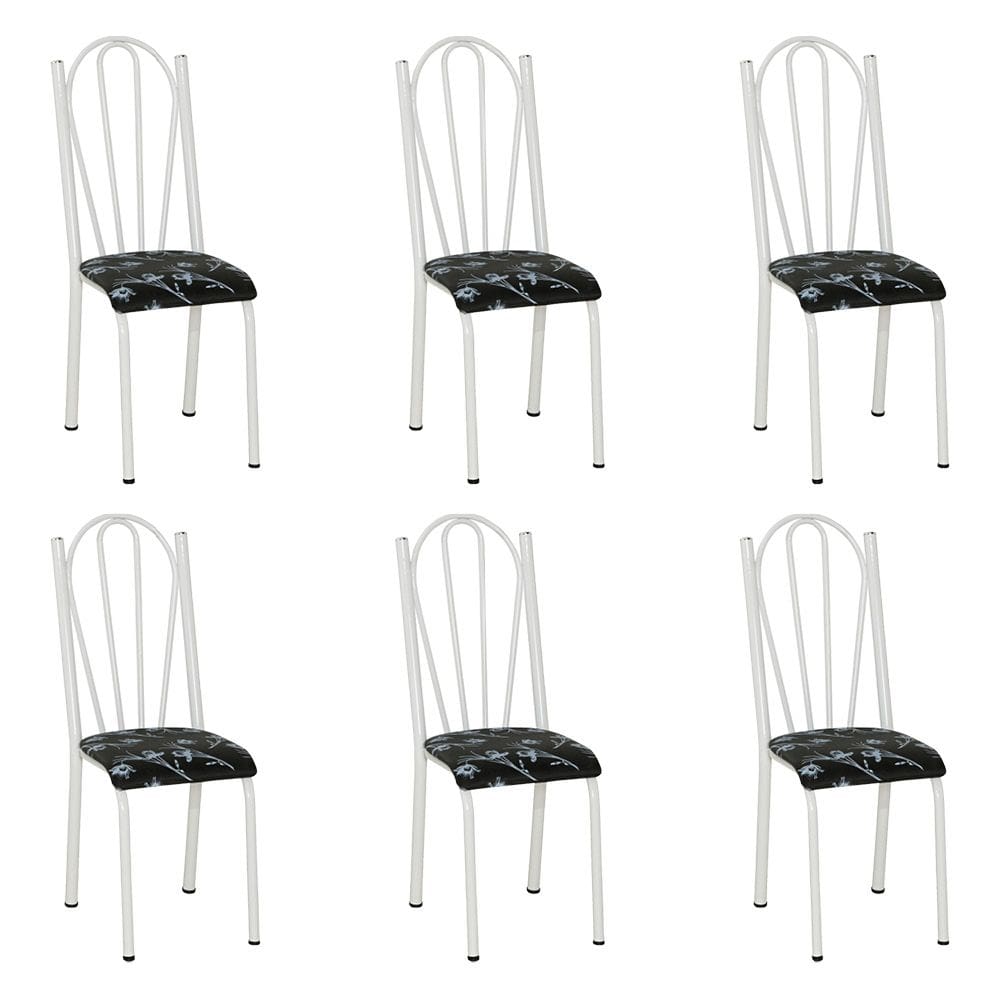 Kit 6 Cadeiras de Cozinha Alasca Estampado Preto Florido Pés de Ferro Branco - Pallazio
