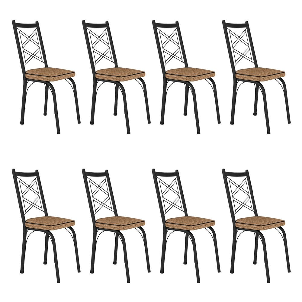 Kit 8 Cadeiras de Cozinha Delaware Estampado Rattan Bege Pés de Ferro Preto - Pallazio