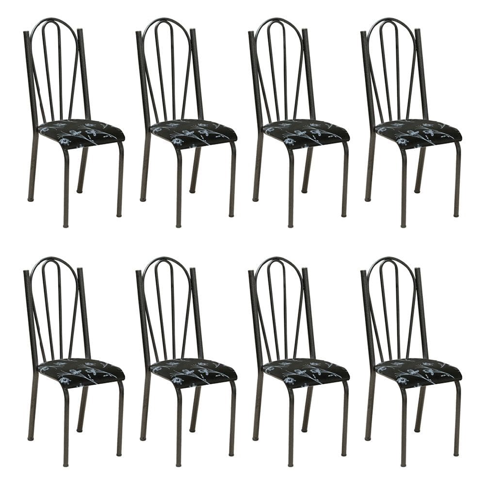 Kit 8 Cadeiras de Cozinha Alasca Estampado Preto Florido Pés de Ferro Cromo Preto - Pallazio