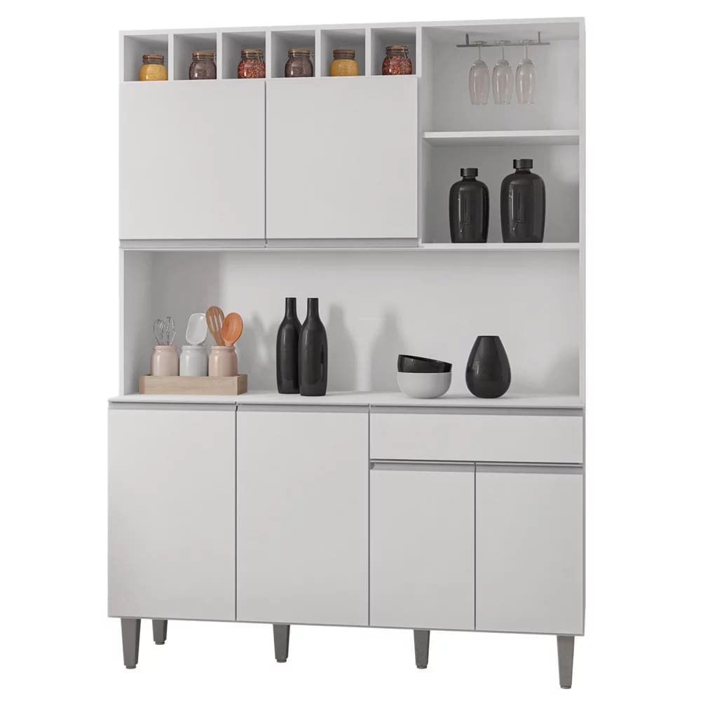 Kit Cozinha Compacta 130cm com 6 Portas e 1 Gaveta Nicole Branco - Pallazio
