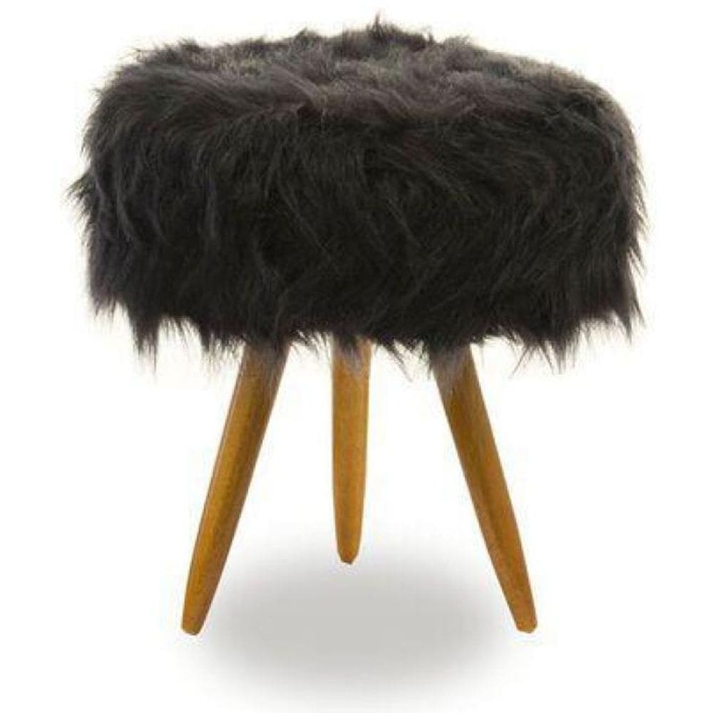 Puff Magnus Redondo Pelúcia Preto Decorativo Pé Palito