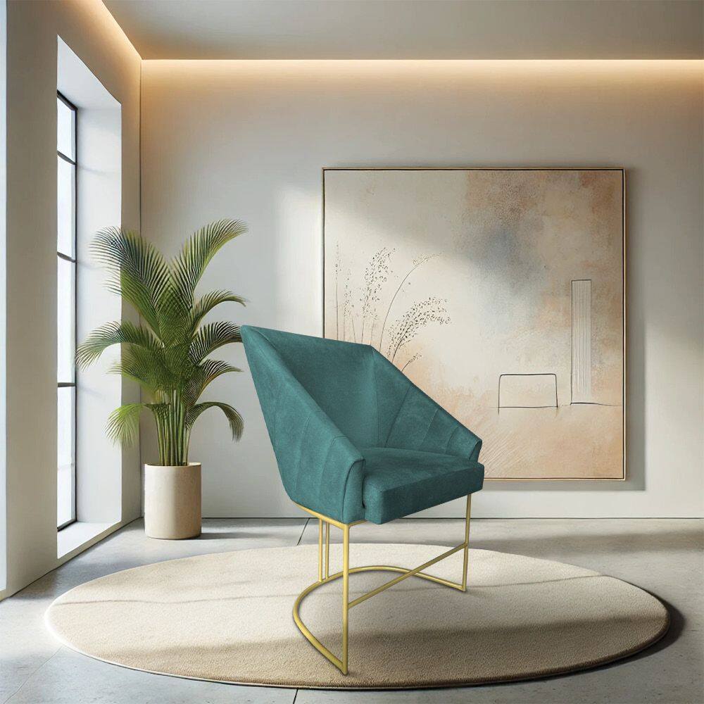 Poltrona Decorativa Alana Suede Azul Turquesa Base de Ferro Dourado - Pallazio