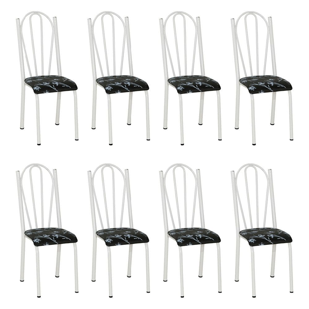 Kit 8 Cadeiras de Cozinha Alasca Estampado Preto Florido Pés de Ferro Branco - Pallazio