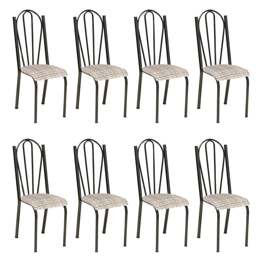 Kit 8 Cadeiras de Cozinha Alasca Estampado Rattan Pés de Ferro Cromo Preto - Pallazio