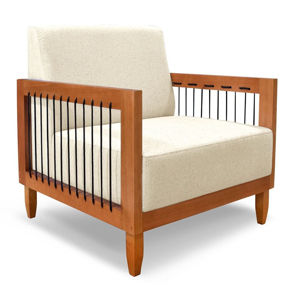 Poltrona Decorativa Marilia Linho Bege Base em Madeira Castanho - Pallazio