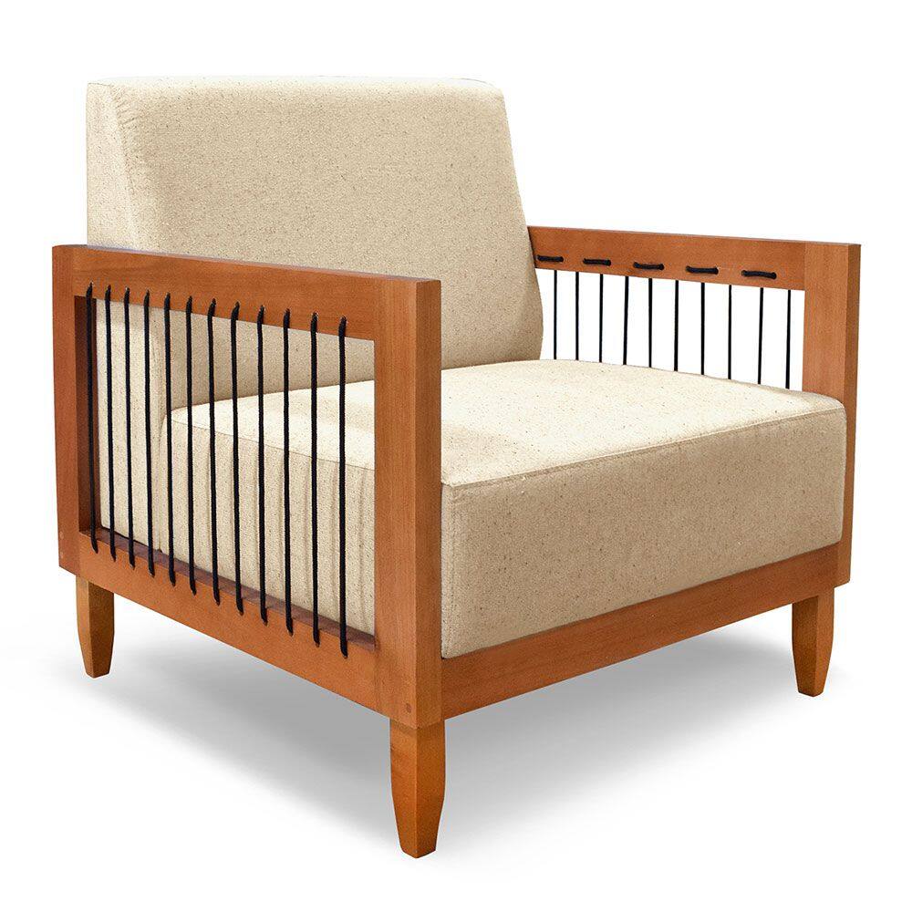 Poltrona Decorativa Marilia Linho Dourado Base em Madeira Castanho - Pallazio