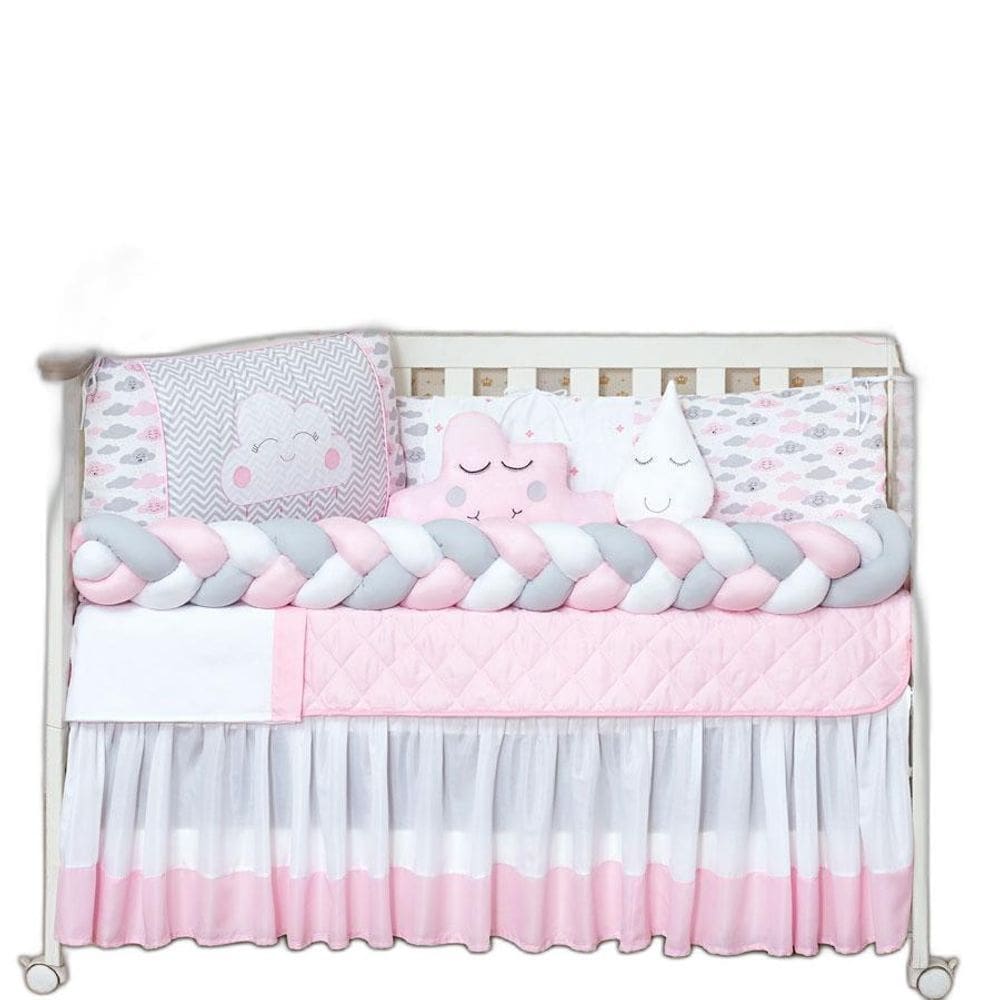 Kit Trança Berço Nuvem Rosa 12 Peças Com Saia Box Menina