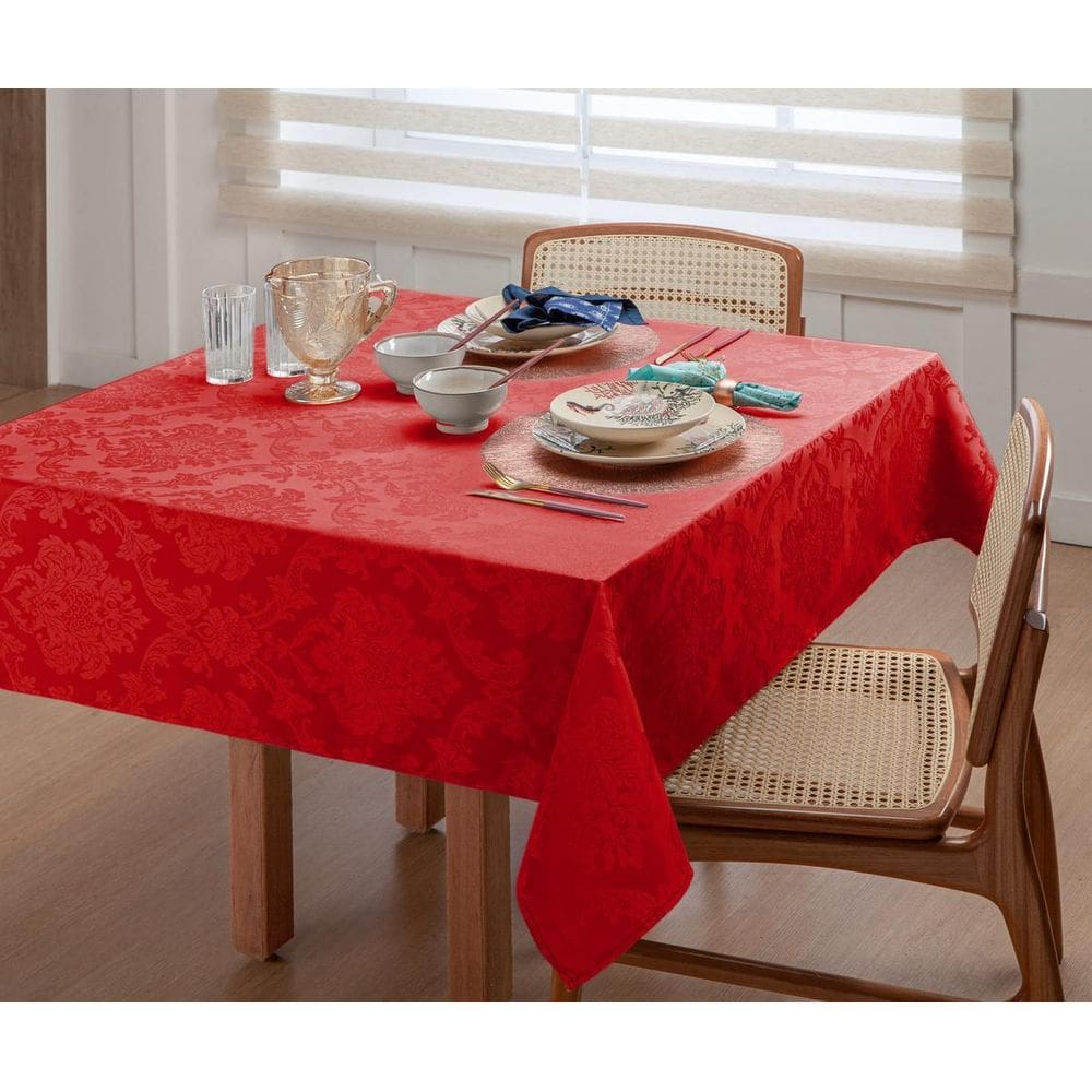 Toalha De Mesa Para 8 Pessoas Tecido Jacquard Vermelha 2,5m