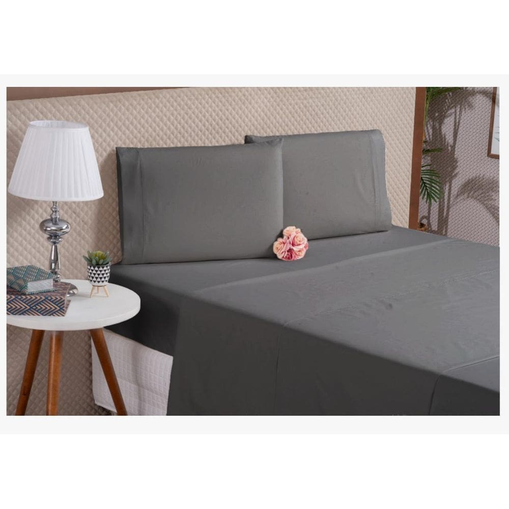 Jogo De Cama 4 Peças Casal Padrão Fronha Percal Cinza Macio
