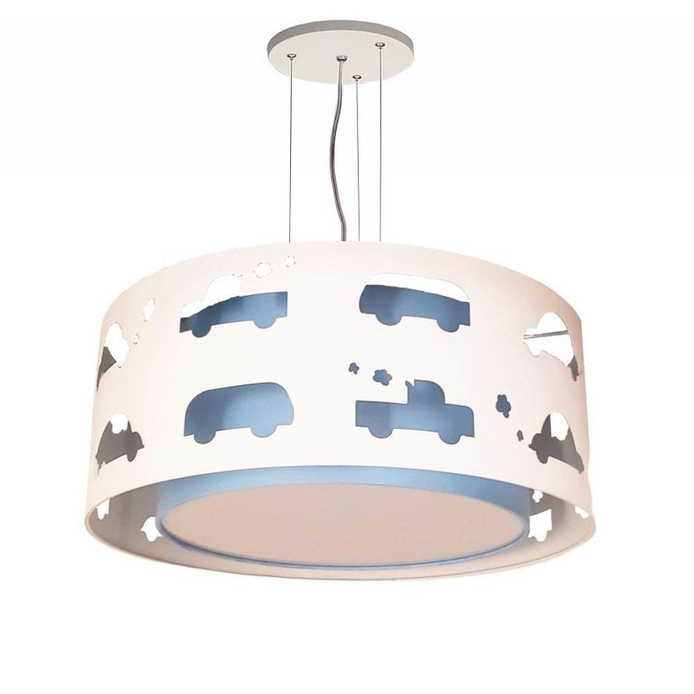 Lustre Infantil Pendente Recorte Carrinhos 40X16 Azul Bebê