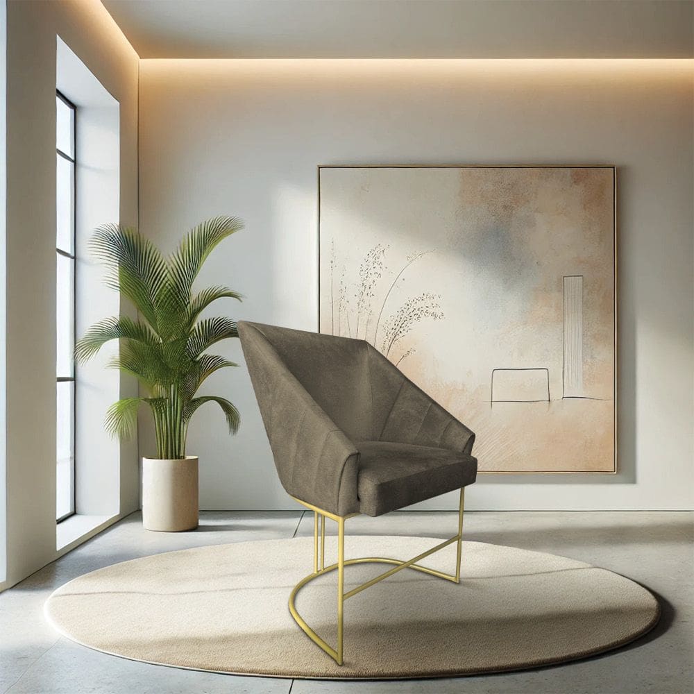 Poltrona Decorativa Alana Suede Marrom Rato Base de Ferro Dourado - Pallazio