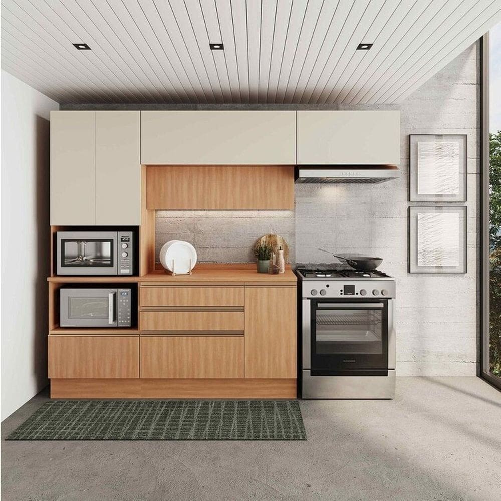 Cozinha Modulada 4 Peças com Armários, Balcão e Torre Quente Aroeira Cabecasa Madeiramadeira Cinza Sereno/Cedro