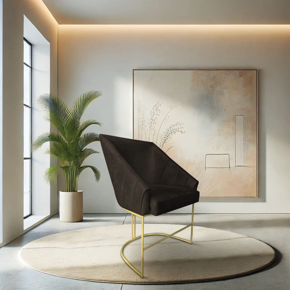 Poltrona Decorativa Alana Suede Marrom Base de Ferro Dourado - Pallazio