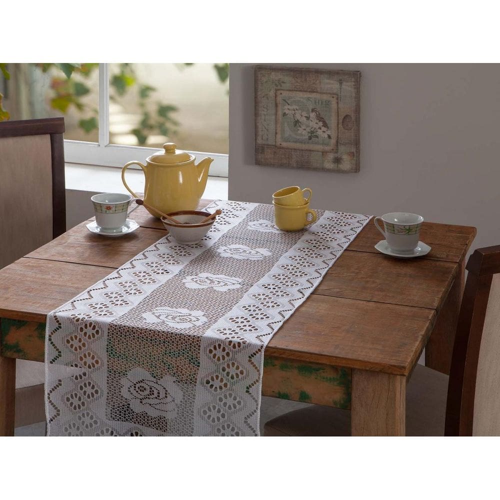 Caminho De Mesa De Renda Branca Desenhada De Rosas 1,50M