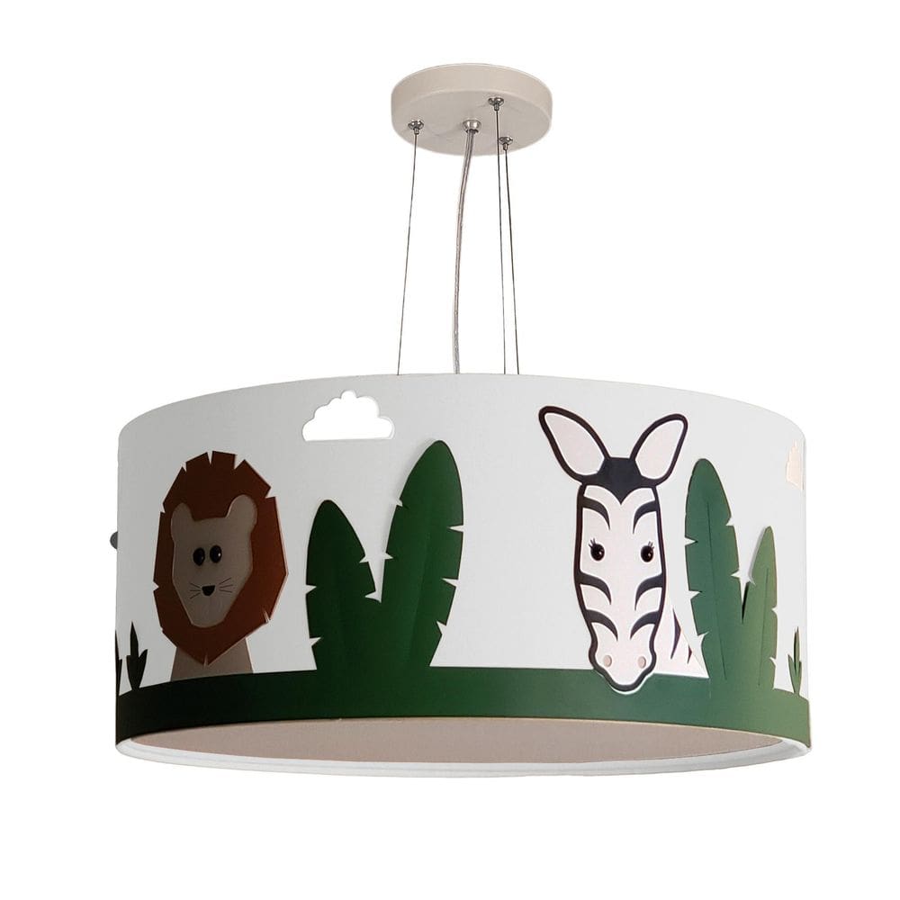 Lustre Infantil Pendente Safari Cúpula Branco Tecido 30X15