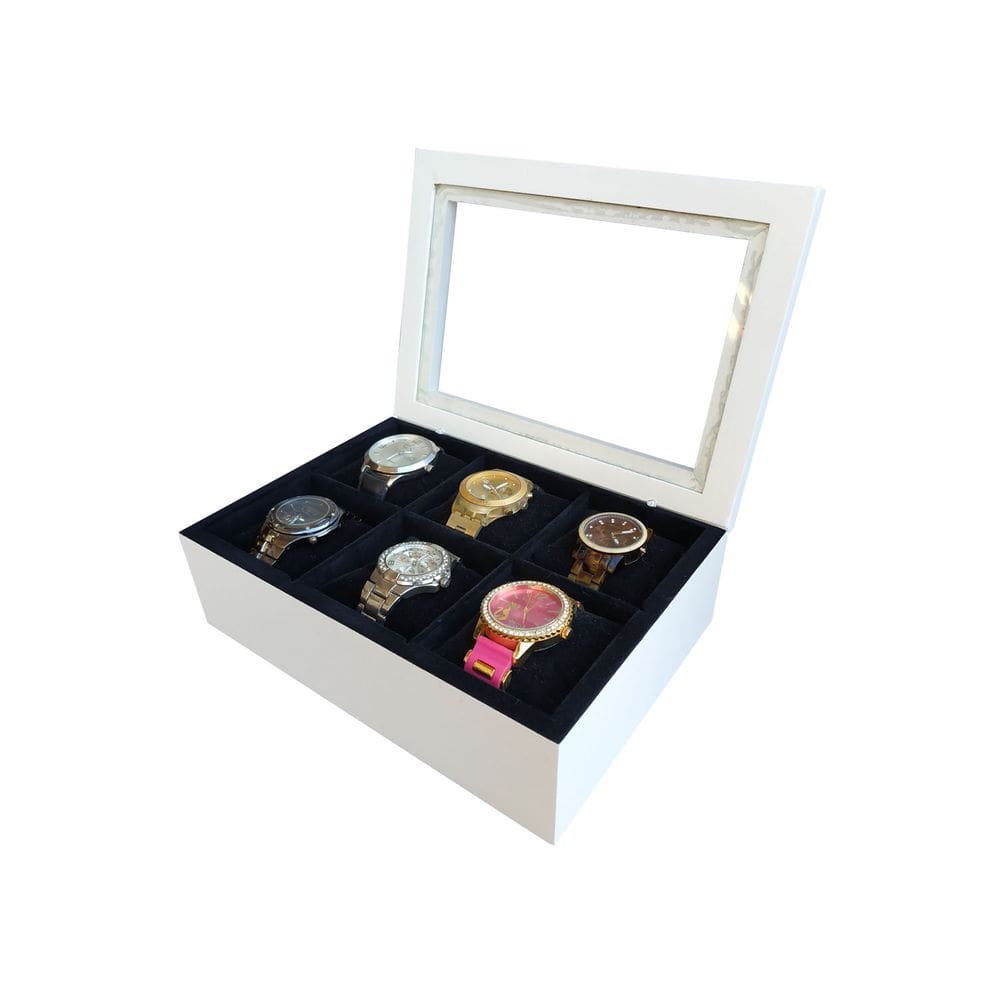 Caixa/Estojo 06 Relógios Laqueado Branco Flocado Preto