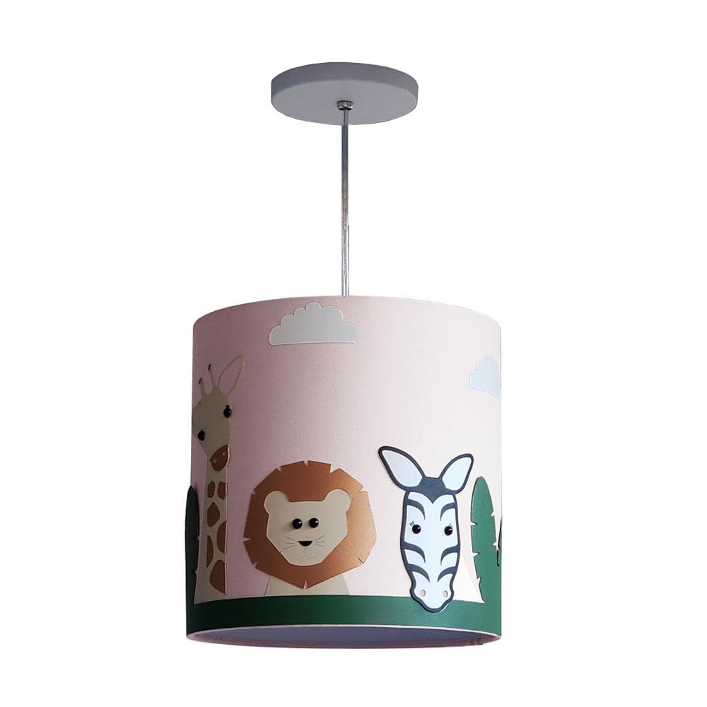 Lustre Infantil Pendente Safari Cúpula Rosa Tecido 25X25 Cm