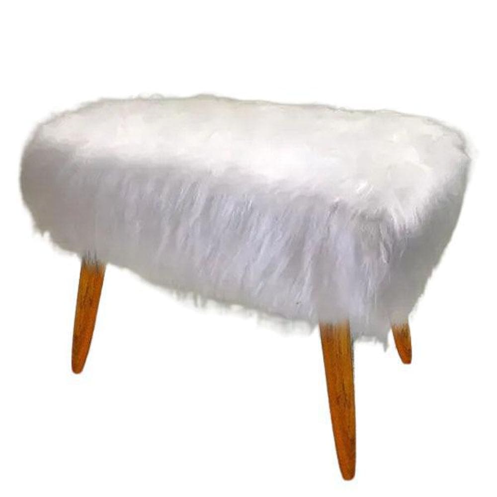 Puff Banqueta Viena Quadrada Pelúcia Branca Pés Castanho
