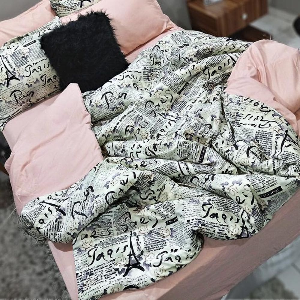 Jogo De Cama Casal Comum 7 Peças Paris Edredom E Almofada