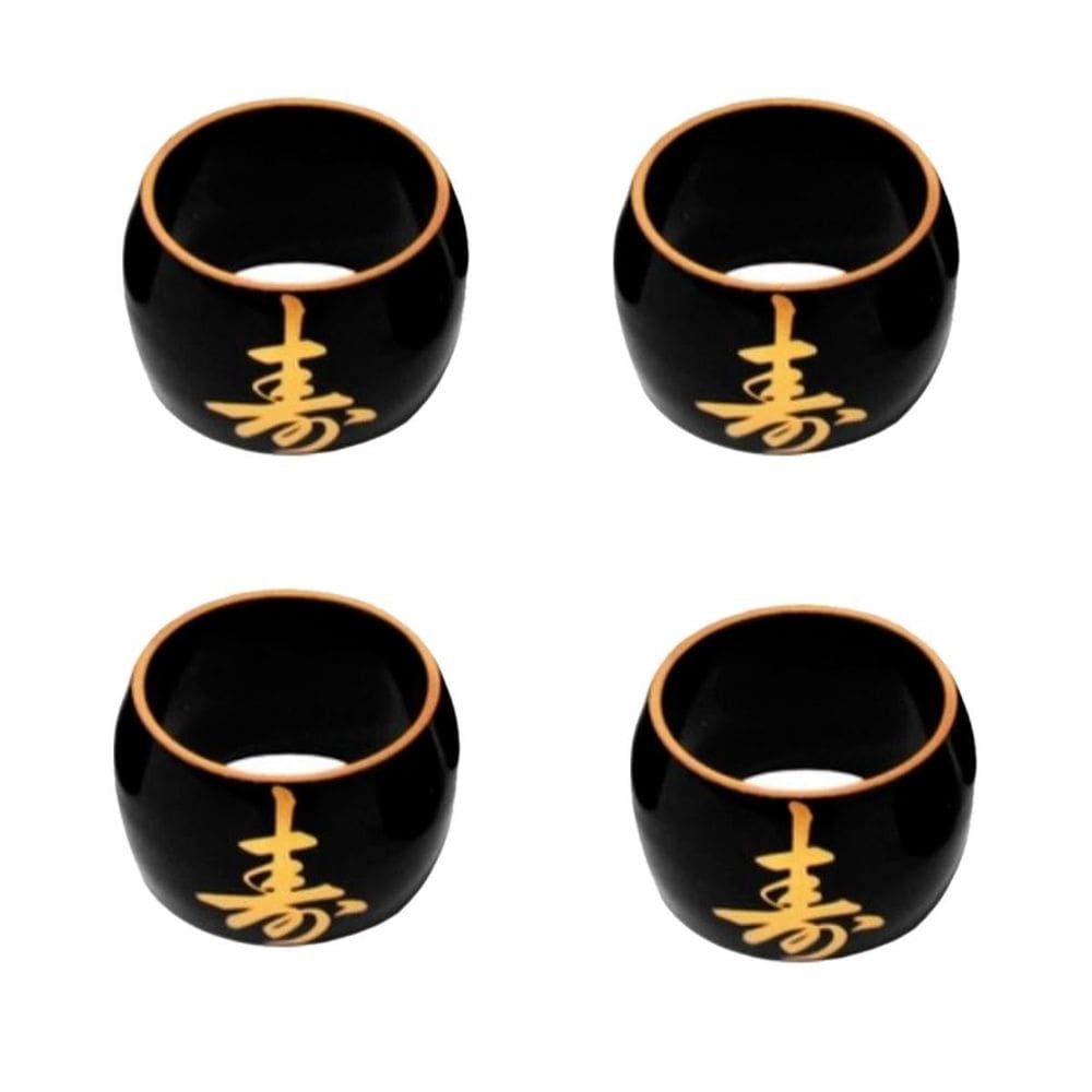 Kit 4 Porta Guardanapo Preto Com Ideograma Japonês Dourado