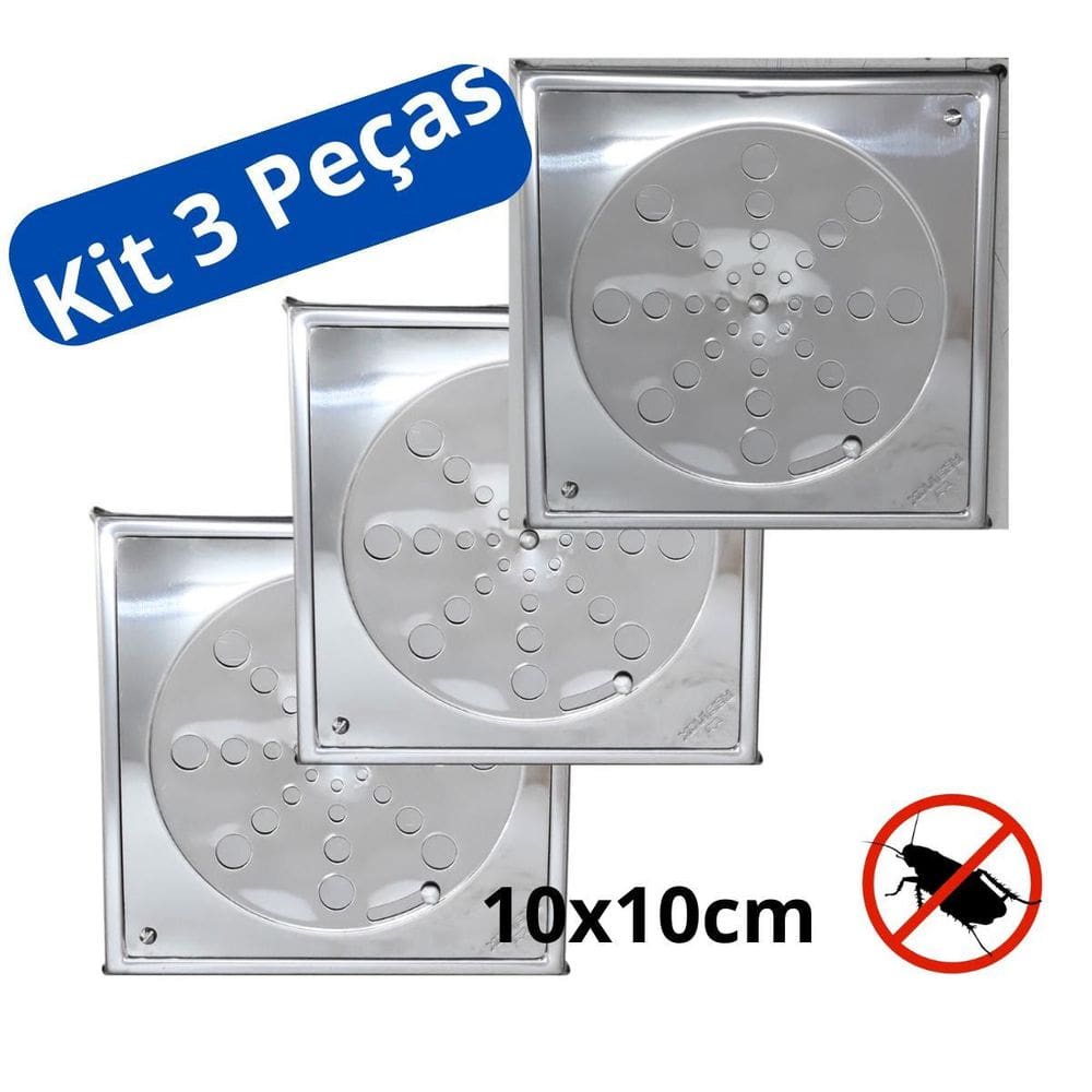 Kit 3 Tampa Ralo Grelha Inox Quadrado Banheiro Cozinha 10Cm