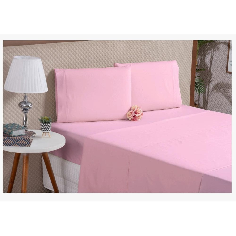 Lençol 4 Peças Percal Casal King Ponto Palito Rosa Macio
