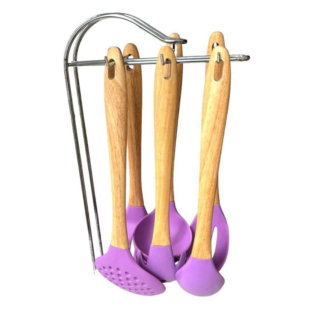Kit 6 Utensílios De Cozinha Em Silicone E Cabo Madeira