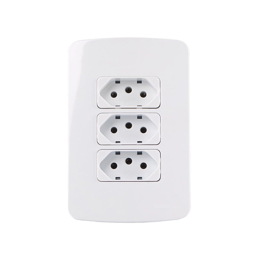 Tomada Tripla MarGirius B3 2P+T 10A com Placa 4x2 Branca