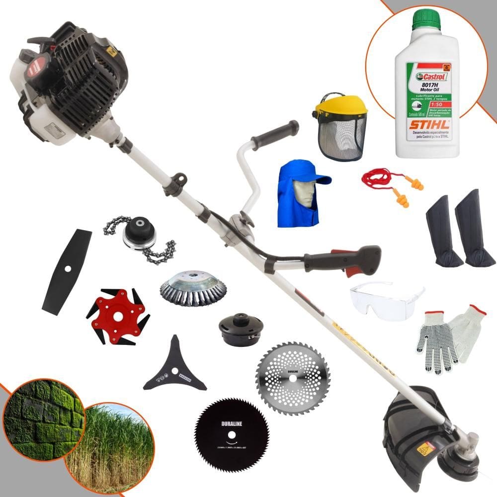 Roçadeira Kawashima KW43LE À Gasolina 1,7HP 43cc Ideal Para Todos os Tipos de Trabalho Com Carretel + Kit de 7 Opções de Cortes + EPI + ÓLEO STIHL 2T