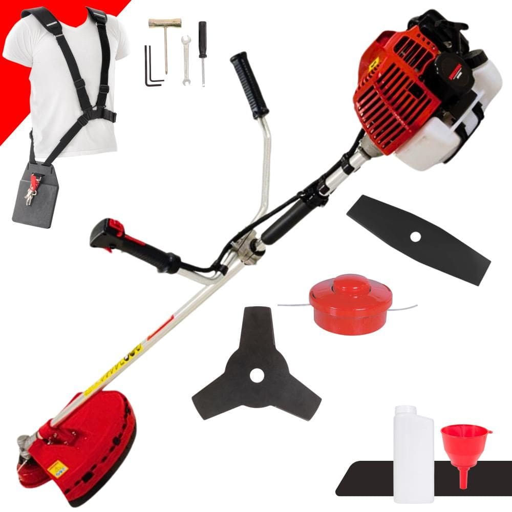 Roçadeira Robusta À Gasolina Kawashima KW52L 52cc 2,5HP de Potência 2 Tempos Alta Rotação Completa Com Carretel Nylon + Faca 2 Pontas + Faca 3 Pontas