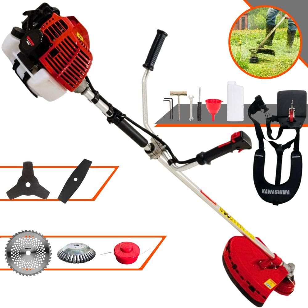 Roçadeira Kawashima KW52L À Gasolina 2T 52cc 2,5HP Com Carretel de Nylon + Faca 2 Pontas + Faca 3 Pontas + Faca 40 Dentes + Escova de Aço Giratória