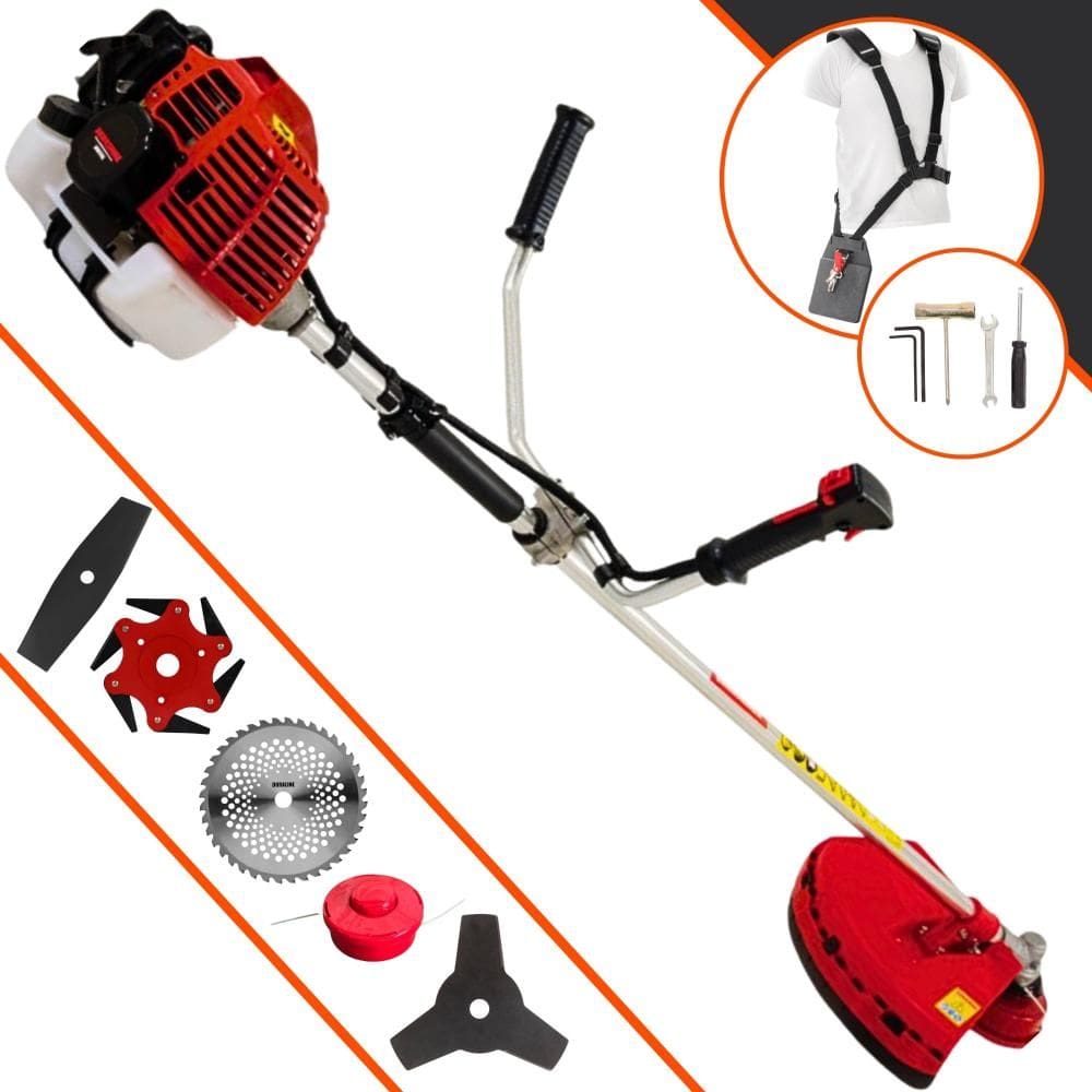Roçadeira Completa Kawashima KW52L À Gasolina 52cc Cortador de Grama Para Todos os Tipos de Trabalho Com Carretel Nylon + Kit de 4 Lâminas de Cortes