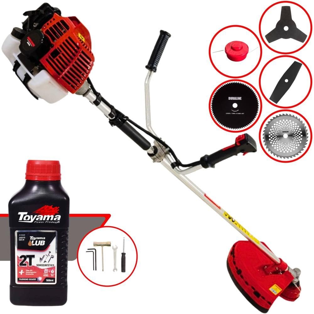 Roçadeira Robusta Kawashima KW52L À Gasolina 52cc Com Carretel + Faca 2 Pontas + Faca 3 Pontas + Faca 40 Dentes + Faca 80 Dentes + ÓLEO TOYAMA 2T
